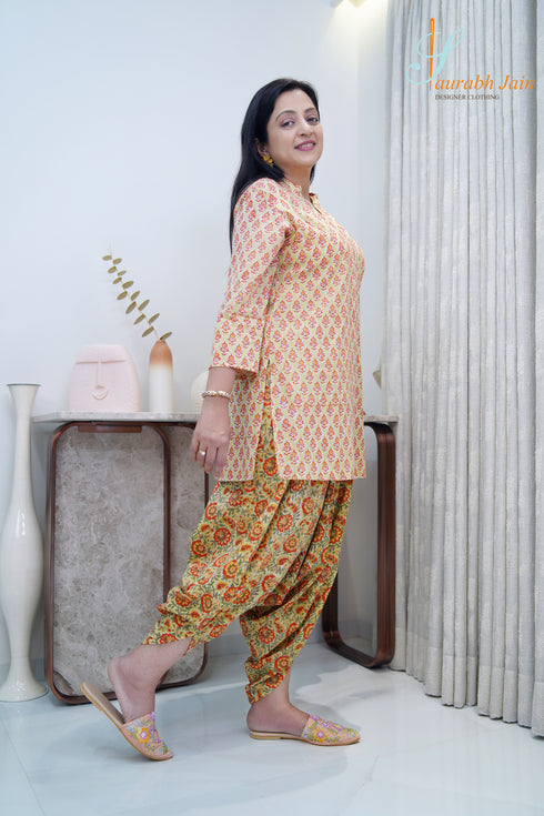 Designer Yellow Jaipuri Women Dhoti Set, Side View
